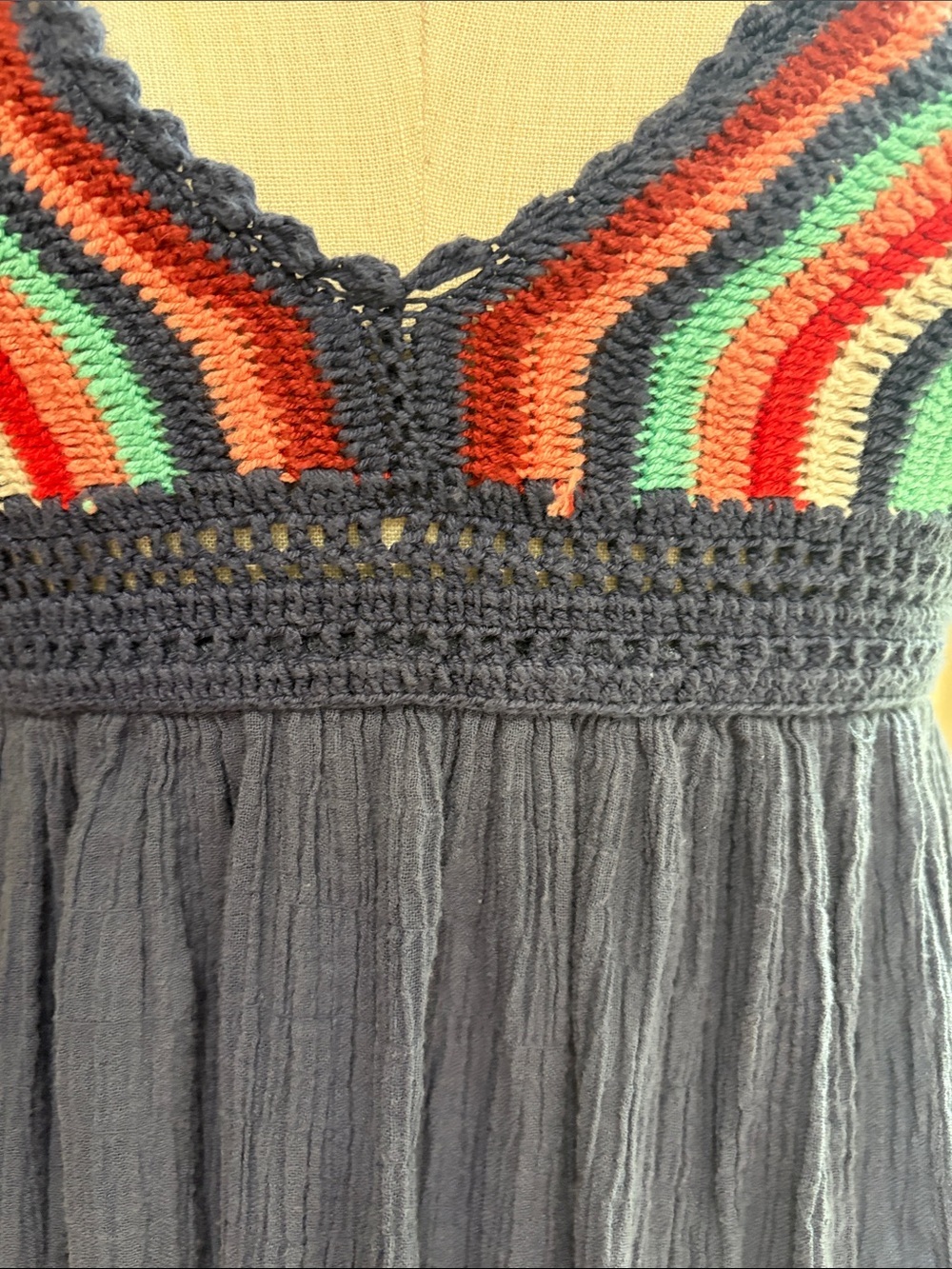aerie rainbow crochet halter Maxi gauze navy boho sundress cotton XS / S - Picture 4 of 10